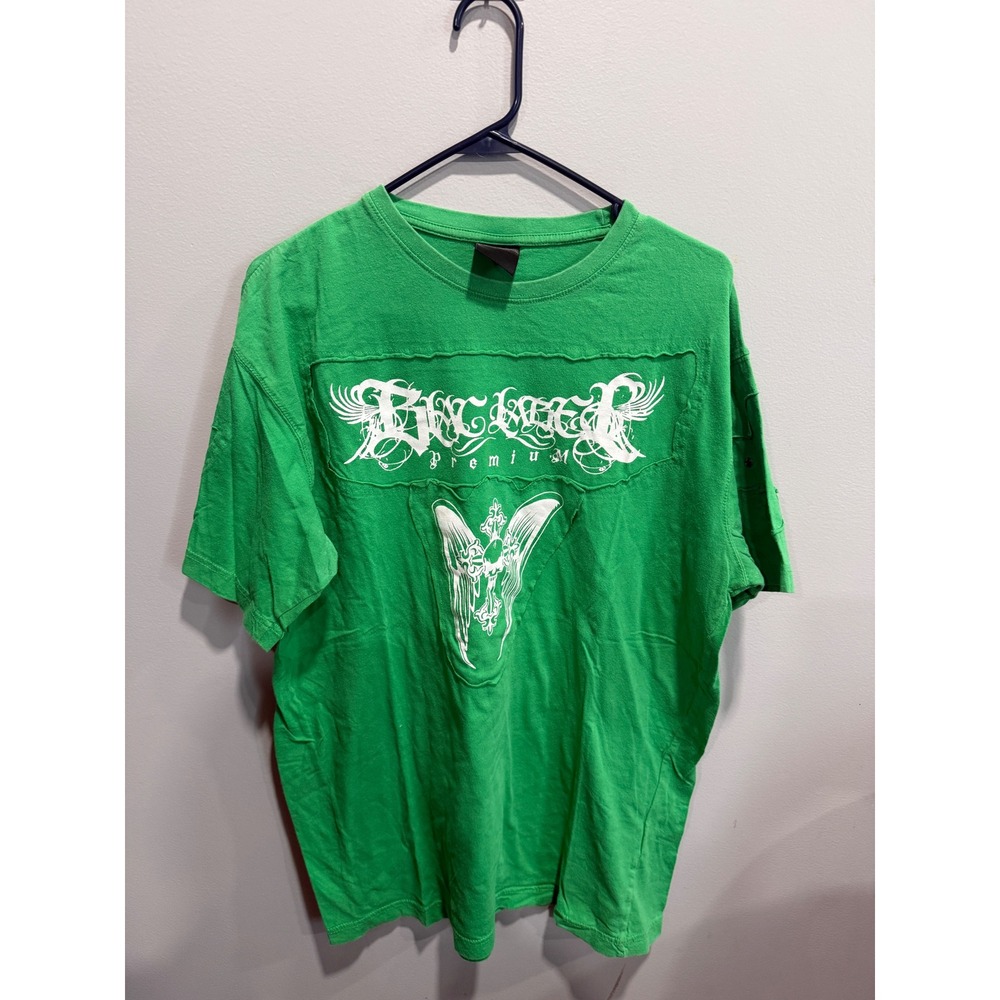 Blac Label Premium Mens Green Graphic T-Shirt Distressed Gothic Iron Cross Studs